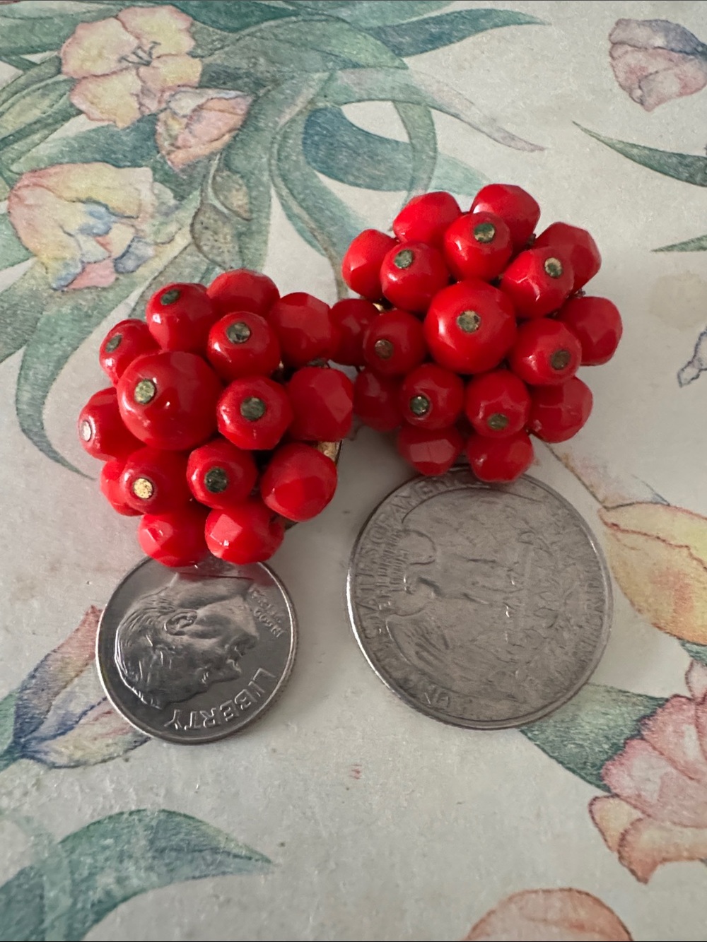 Vintage -Red Cluster Bead Clip-On Earrings - Women Jewelry